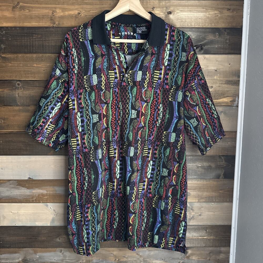 Tundra Vintage 3D Textured Cotton Polo Shirt Large Abstract Coogi Style 90s